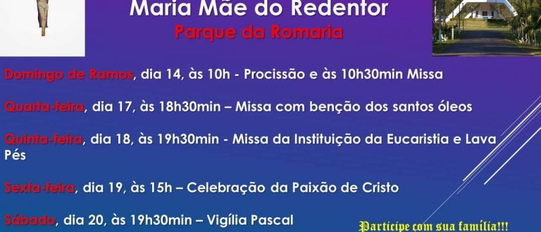 Santuário Maria, Mãe do Redentor terá Semana Santa