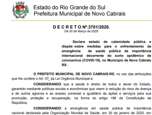 Novo Cabrais declara estado de calamidade pública