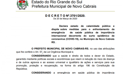 Novo Cabrais declara estado de calamidade pública