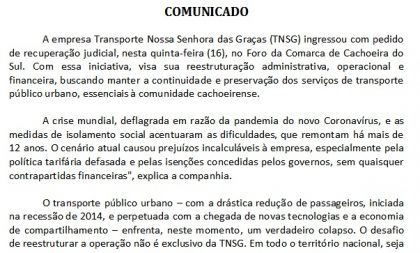 Transporte Nossa Senhora das Graças entra com pedido de recuperação judicial para enfrentar a crise