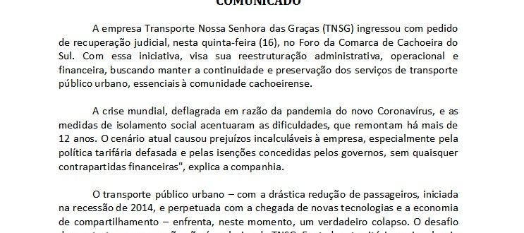 Transporte Nossa Senhora das Graças entra com pedido de recuperação judicial para enfrentar a crise