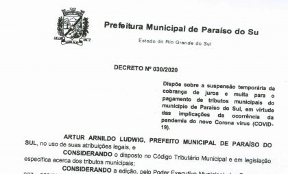 Paraíso do Sul: Prefeitura suspende temporariamente a cobrança de juros e multa dos tributos municipais