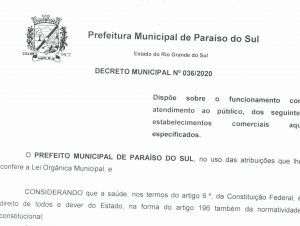 COVID-19: Prefeitura de Paraíso do Sul divulga novas regras para estabelecimentos comerciais