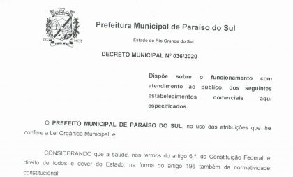 COVID-19: Prefeitura de Paraíso do Sul divulga novas regras para estabelecimentos comerciais