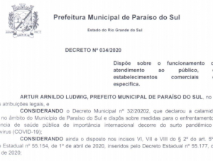 Prefeito de Paraíso do Sul assina novo decreto sobre atendimento do comércio