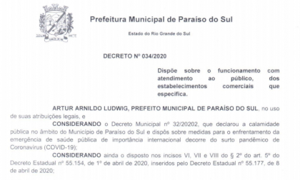 Prefeito de Paraíso do Sul assina novo decreto sobre atendimento do comércio