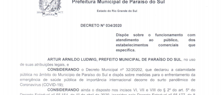 Prefeito de Paraíso do Sul assina novo decreto sobre atendimento do comércio