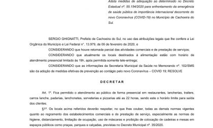 Decreto da Prefeitura libera funcionamento do setor de alimentação até as 22h