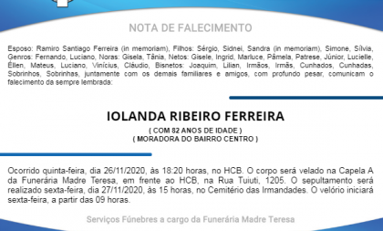 NOTA FÚNEBRE – IOLANDA RIBEIRO FERREIRA