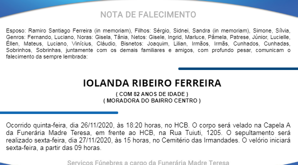 NOTA FÚNEBRE – IOLANDA RIBEIRO FERREIRA
