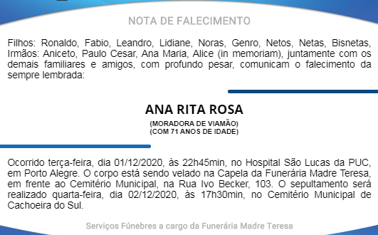 NOTA FÚNEBRE – ANA RITA ROSA