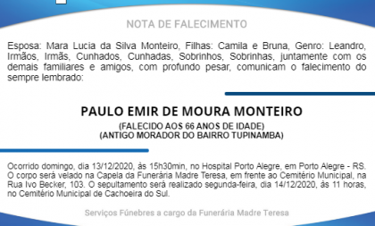 NOTA FÚNEBRE – PAULO EMIR DE MOURA MONTEIRO