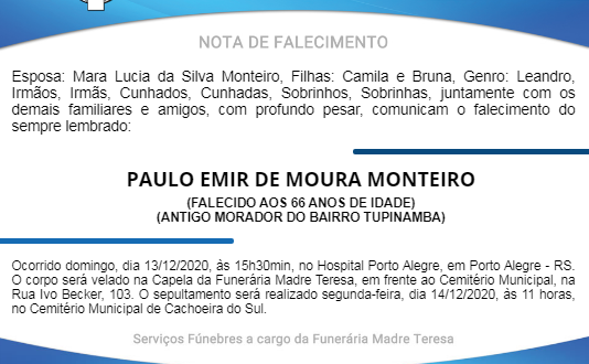 NOTA FÚNEBRE – PAULO EMIR DE MOURA MONTEIRO