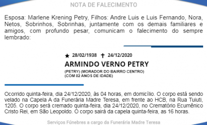 NOTA FÚNEBRE – ARMINDO VERNO PETRY