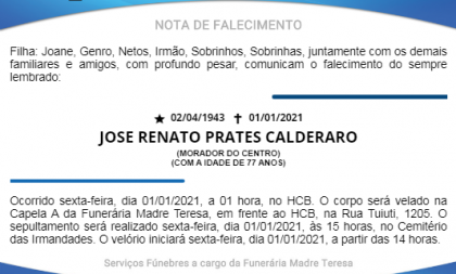 NOTA FÚNEBRE – JOSE RENATO PRATES CALDERARO