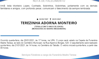 NOTA FÚNEBRE – TEREZINHA ADORNA MONTEIRO