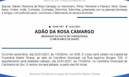 NOTA FÚNEBRE – ADÃO DA ROSA CAMARGO