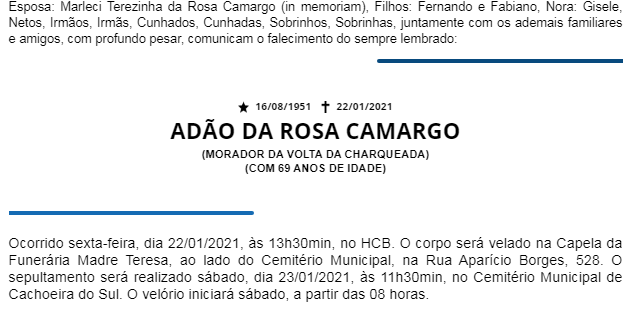 NOTA FÚNEBRE – ADÃO DA ROSA CAMARGO