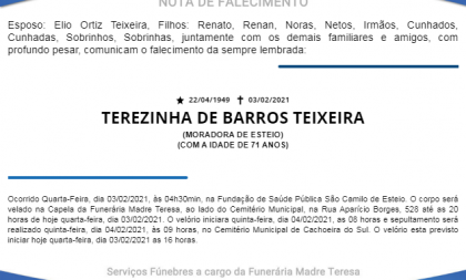 NOTA FÚNEBRE – TEREZINHA DE BARROS TEIXEIRA