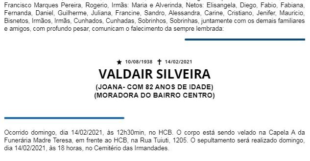 NOTA FÚNEBRE – VALDAIR SILVEIRA