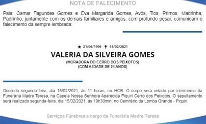 NOTA FÚNEBRE – VALERIA DA SILVEIRA GOMES