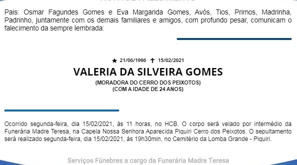 NOTA FÚNEBRE – VALERIA DA SILVEIRA GOMES