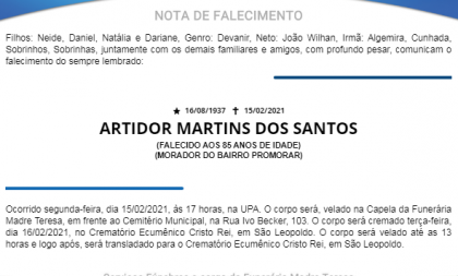 NOTA FÚNEBRE – ARTIDOR MARTINS DOS SANTOS