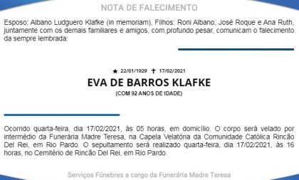 NOTA FÚNEBRE – EVA DE BARROS KLAFKE