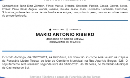 NOTA FÚNEBRE – MARIO ANTONIO RIBEIRO