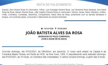 NOTA FÚNEBRE – JOÃO BATISTA ALVES DA ROSA
