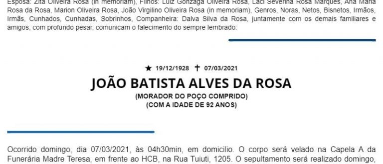 NOTA FÚNEBRE – JOÃO BATISTA ALVES DA ROSA