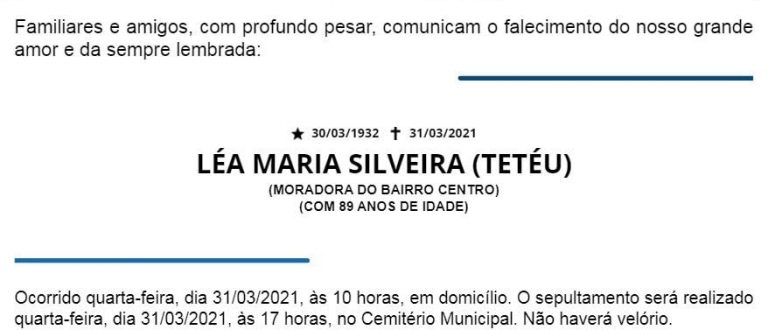 NOTA FÚNEBRE – LÉA MARIA SILVEIRA (TETÉU)