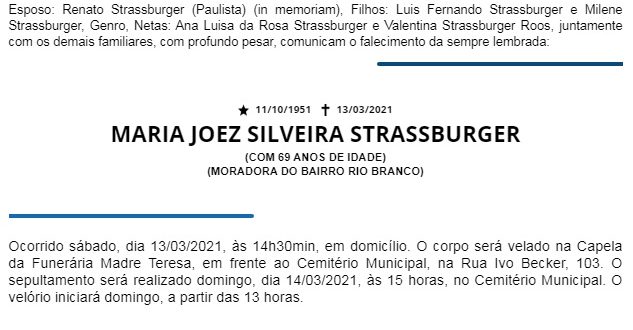 NOTA FÚNEBRE – MARIA JOEZ SILVEIRA STRASSBURGER