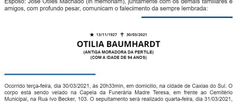 NOTA FÚNEBRE – OTILIA BAUMHARDT