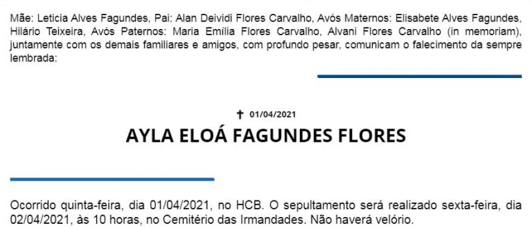 NOTA FÚNEBRE – AYLA ELOÁ FAGUNDES FLORES