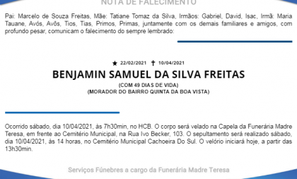 NOTA FÚNEBRE – BENJAMIN SAMUEL DA SILVA FREITAS