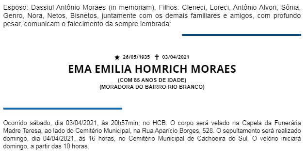 NOTA FÚNEBRE – EMA EMILIA HOMRICH MORAES