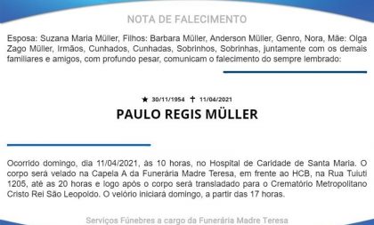 NOTA FÚNEBRE – PAULO REGIS MÜLLER