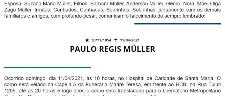 NOTA FÚNEBRE – PAULO REGIS MÜLLER