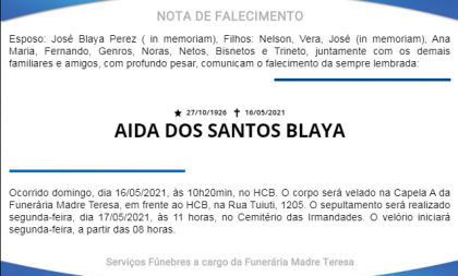 NOTA FÚNEBRE – AIDA DOS SANTOS BLAYA