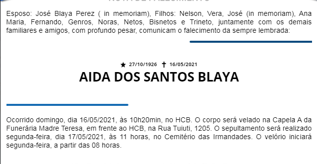 NOTA FÚNEBRE – AIDA DOS SANTOS BLAYA