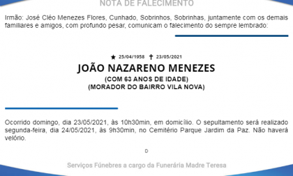 NOTA FÚNEBRE – JOÃO NAZARENO MENEZES