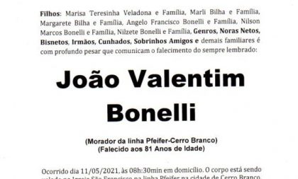 NOTA FÚNEBRE – JOÃO VALENTIM BONELLI