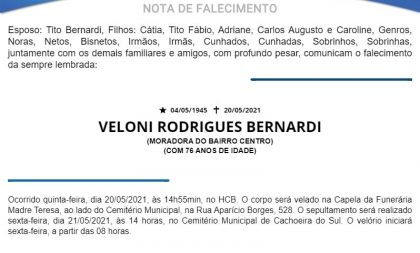 NOTA FÚNEBRE – VELONI RODRIGUES BERNARDI