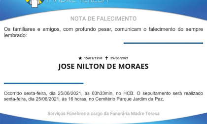 NOTA FÚNEBRE – JOSE NILTON DE MORAES