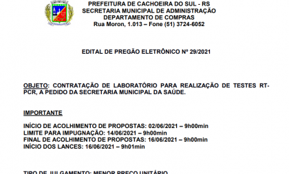 Laboratório para realização de testes: Prefeitura recebe lances na manhã desta quarta