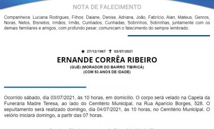 NOTA FÚNEBRE – ERNANDE CORRÊA RIBEIRO