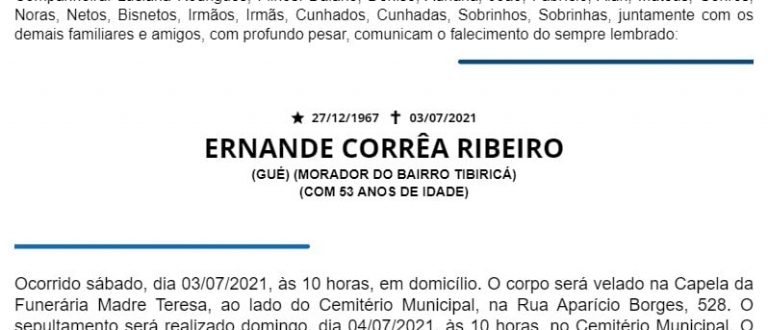 NOTA FÚNEBRE – ERNANDE CORRÊA RIBEIRO