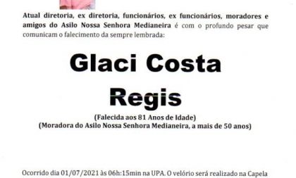 NOTA FÚNEBRE – GLACI COSTA REGIS