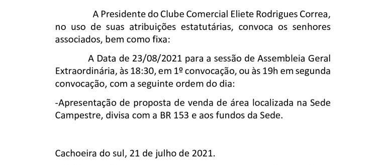 CLUBE COMERCIAL – CONVOCAÇÃO ASSEMBLEIA GERAL EXTRAORDINÁRIA